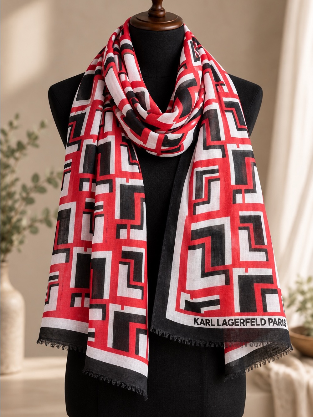 Karl Lagerfeld Paris Geometric Scarf Wrap Red Black White Fringed Statement